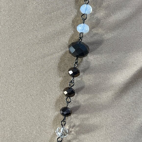 Statement Necklace Long Tassel White Druzy Silver Black 23" - Picture 2 of 5